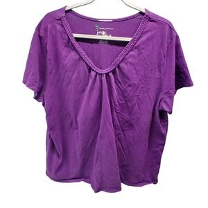 Just My Size T-Shirt 2X Purple Braided V-Neck Pleated Plus Size Short Sleeve Top